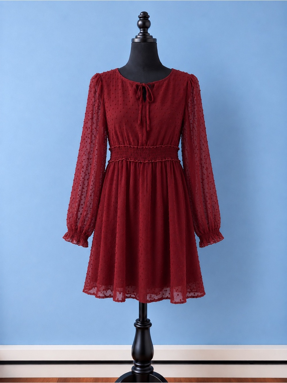 Long-Sleeve Burgundy Smocked Waist Chiffon Dress